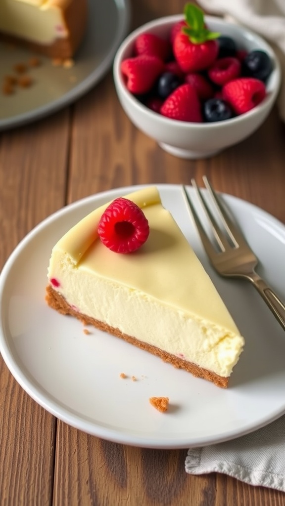 Simple 4-Ingredient Low Carb No-Bake Cheesecake A slice of low carb no-bake cheesecake with berries on a white plate, on a rustic table.